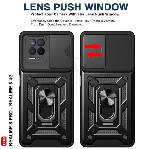 Image of AESTMO Tough Armor Realme 8 Pro / 8 4G Bumper Back Case Cover | Ring Holder & Sliding Camera Shield Cover | 360 Degree Protection Back Case Cover for Realme 8 Pro / 8 4G (Black)