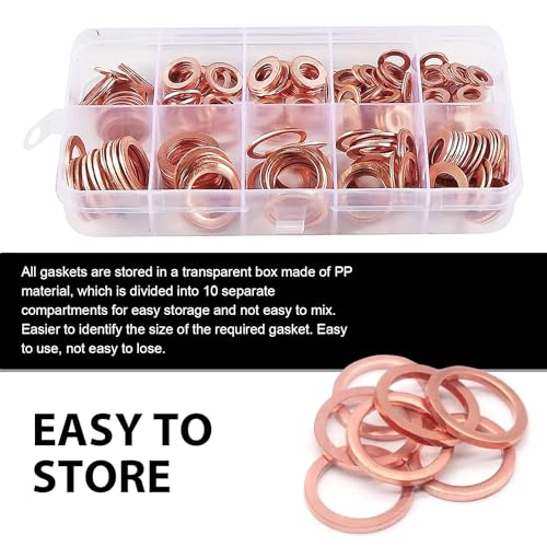 Image of Shakas Pack-200 Car Copper Metric Gasket Combination Set, Oil Pan Plug Sealing Gaskets, M5 M6 M8 M10 M12 M14 9 Specifications Flat Crushed Gasket with Storage Box, Universal for Most Cars (Gold)