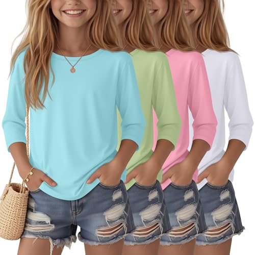 Image of 4 Pack Girls 3 /4 Sleeve T Shirts Kids Crewneck Elbow Sleeve Casual Tops Solid Basic Cute Teen Tees 5-14Y