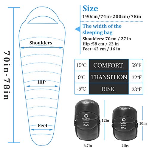 Mummy Down Sleeping Bag, 41 Degree F 600 Fill Power 4 Season Warm & Cold Weather - Ultralight Compact Portable Waterproof Camping Sleeping Bag with Compression Sack for Adults, Teen, Kids (2-Black) - Thumbnail 3