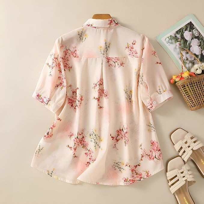 Image of Gufrina Women Floral Printed Shirt Short Sleeve Button Down Top | Casual Summer Blouse Lightweight Soft Fabric Regular Fit Stylish Top