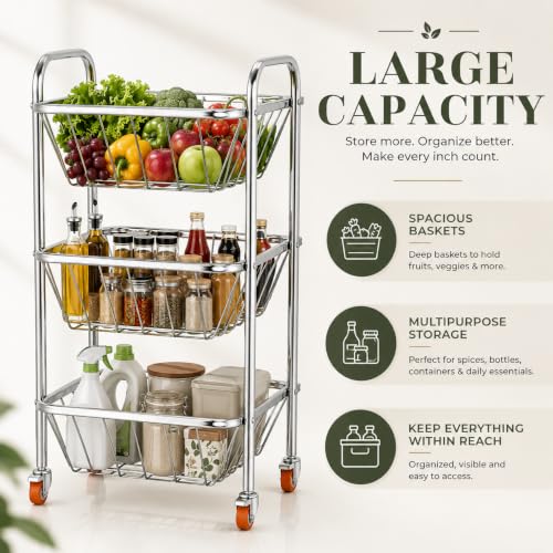 Image of TUNIS 3 Tier Stainless Steel Open Wire Trolley | Multipurpose Vegetable & Fruit Basket Rack | 360 Wheels| Strong Welded Frame| Rolling Utility Organizer for Kitchen, Pantry & Home