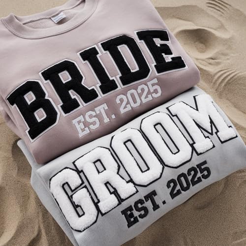 GODMERCH Custom Embroidered Bride Sweatshirt Faux Fur Chenille, Mrs Sweatshirt, Bride Wedding Gifts, Bachelorette Party Gifts, Bridal Shower, Engagement Hoodie Chenille, Engaged Bride Groom2