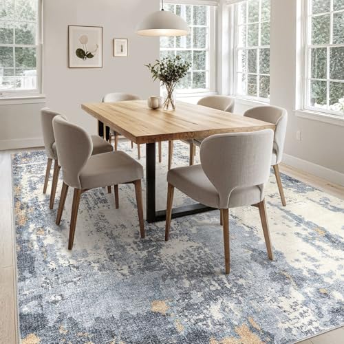 8x10 Area Rug Living Room Rugs - Washable Neutral Modern Abstract Soft Thin Rug Indoor Floor No Slip Rug Carpet for Bedroom Under Dining Table Home Office Decor - Blue/Light Brown