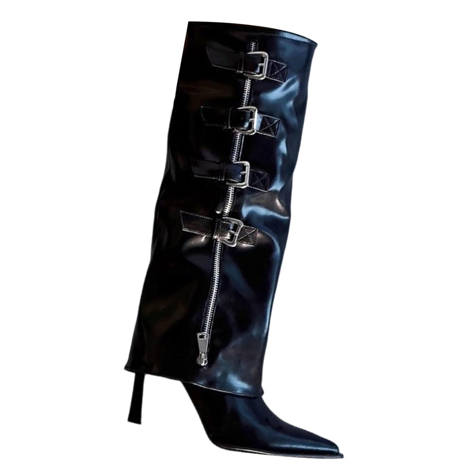 Stivaletti da donna al ginocchio, in pelle laccata, a mezza altezza, con tacco a spillo, punta lunga, con chiusura lampo laterale e fibbia, eleganti alla moda