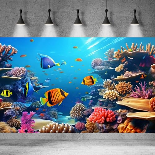 Image of Underwater World Aquarium Background Vibrant Coral Reef Tropical Fish Terrarium Background Deep Blue Ocean with Colorful Fish and Marine Life Fish Tank Backdrop Wallpaper Decor Poster 48x24in