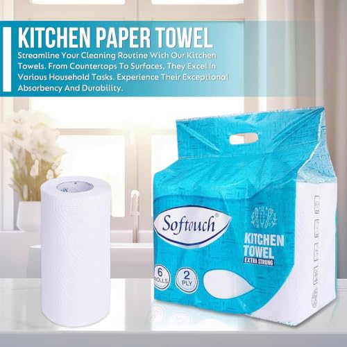 Image of Softouch Kitchen Towel Paper Roll - 2 Ply Tissue Paper Roll, 390 Pulls, 6 Rolls x 65 Sheets, Soft & Absorbent Virgin Cellulose Towels for Kitchen Cleaning