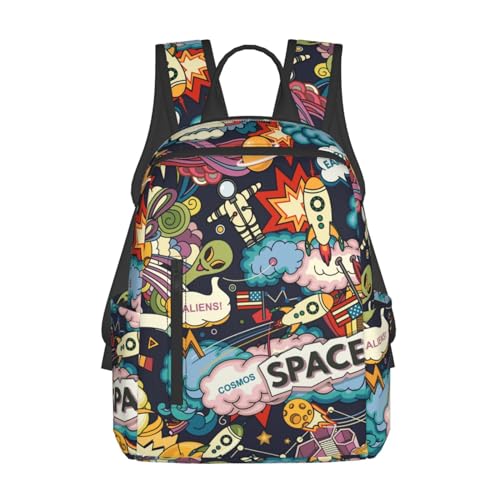 Cartoon space rockets astronaunt planets stars alien art Travel Backpack Water Resistant Bookbag
