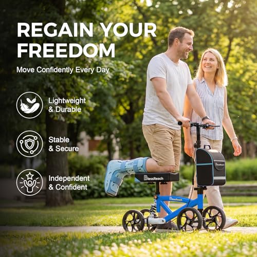 Image of BlessReach Steerable Knee Scooter Deluxe Medical Scooter for Foot Injuries Compact Crutches, with Dual Rear on-Wheel Brake and Shock Absorption Under The Knee pad(Blue)