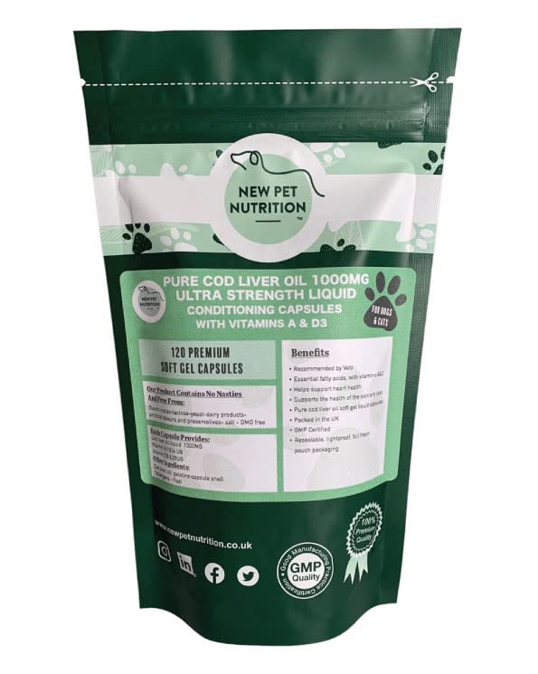 120x Cod Liver Oil 1000 MG Liquid Soft Gel Capsules For Cats and Dogs - Skin & Coat, Healthy Heart, Joints and Immune System Support