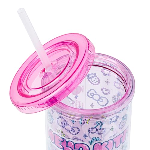 Image of Silver Buffalo Sanrio Hello Kitty Neon Fruit, Plastic Cold Cup, 20oz | Pattern, Includes Lid and Straw, 0.59 Liters