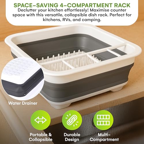 BEAST COOLER ACCESSORIES Collapsible Dish Drying Rack - Durable 4-Compartment Utensil Drainer for Kitchen, RV Camping Essentials - Compact Dinnerware Organizer, Sink Dish Storage, Gray - 4.9"x14"x12" - Image 5