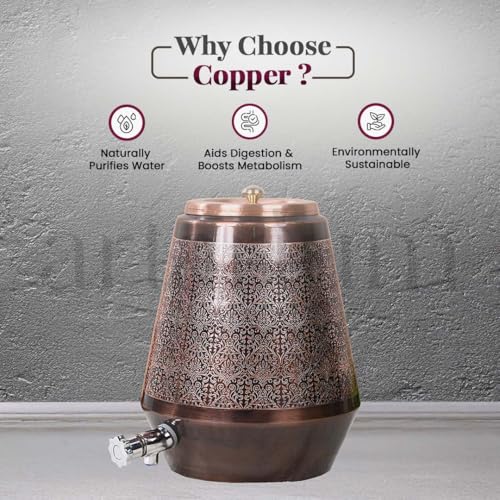 Image of Artarium Antique Design Pure Copper Dispenser 8 Liter Pure Copper Water Dispenser Matka Vessels Container Pot with Ayurvedic Health Benefits (Antique Copper Water Dispenser 8 Litre)