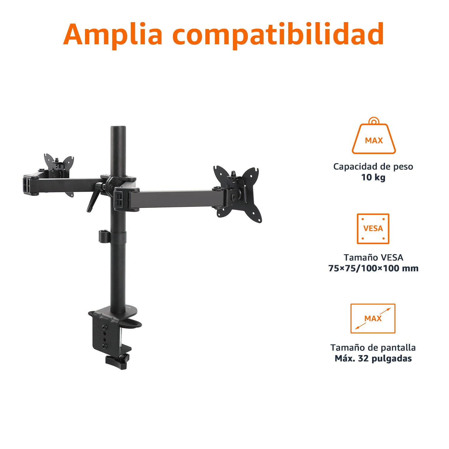 Amazon Basics Soporte de Escritorio con Brazo Ajustable para Monitor Dual, Compatible con Monitores de Hasta 32 Pulgadas y 10kg por Brazo, Tensión Ajustable, VESA 75 x 75/100 x 100, Negro