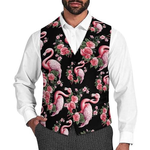 Cute Flamingo with Flowers Men's Suit Vest Business Formal Waistcoat Vest with 2 Pockets for Wedding Party
