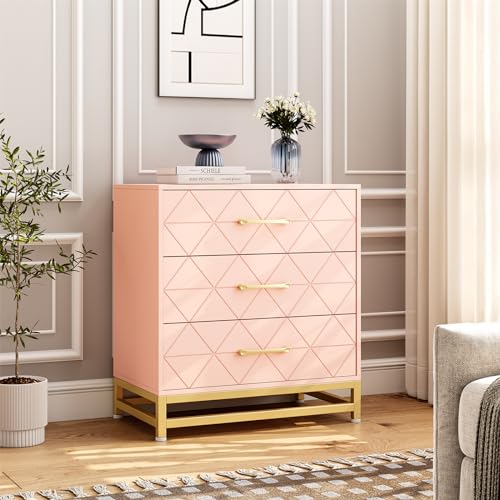 GarveeHome Wooden Dresser for Bedroom, Dressers & Chest of Drawers with 3 Drawer, Wood nightstand for Storage and Organization (Pink)