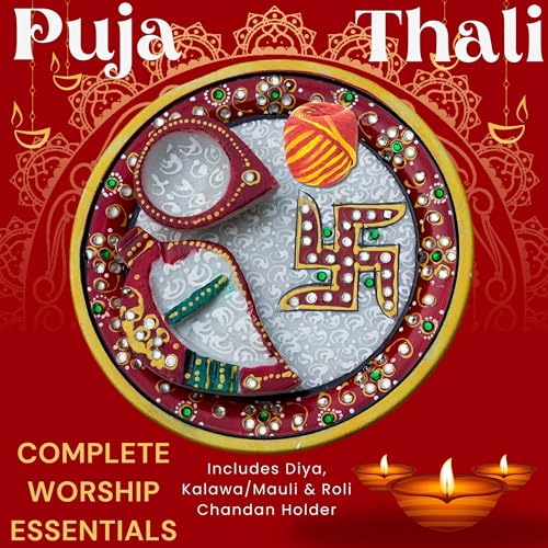 Marble Pooja Thali with Meenakari Work – 6 Inch Decorative Thali, Diya, Roli-Chandan Holder, Kalawa Set for Mandir Aarti, Grih Pravesh, Diwali & Festival Gift (6inch) — photo — 3 of 9