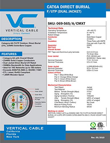 Vertical Cable CAT6A, Shielded Dual Jacket, Direct Burial, 1000ft, Black, Bulk Ethernet Cable - Thumbnail 4