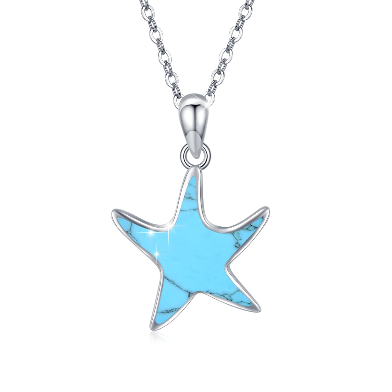 Collar de estrella de mar, plata de ley 925, turquesa y estrella de mar, colgante de estrella de mar, regalo para niñas, mujeres, niños, Plata esterlina, Turquesa