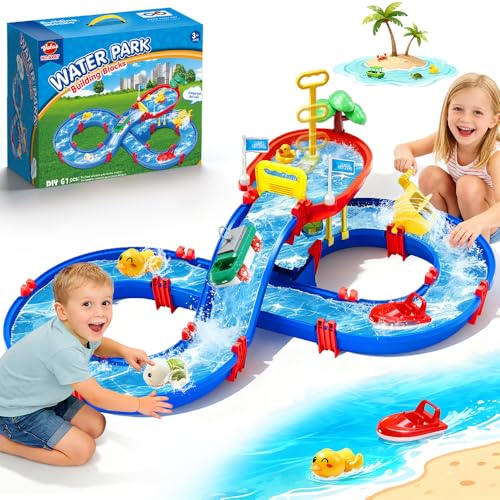 VATOS 2-Tier Outdoor Water Table Toys for Kids 61PCS DIY Summer Waterways Playset with Pump Toddler Water Park Toys for Pool Backyard Beach Sensory Activity Fun Toy Gift for Boys Girls 3-5 4-8