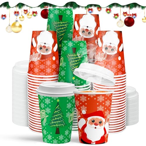 Charmount 100Pcs 12 Oz Christmas Disposable Paper Coffee Cups with Lids, To Go Coffee Cups for Hot Chocolate, Cocoa, Hot Tea, Drinks and Christmas Party and Coffee Bars Decoration Supplies