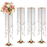 Lallisa 4 Pcs Wedding Crystal Flower Vase 35.43 in Tall Metal Flower Stand Bulk Table Chandelier Centerpiece Stand Road Stand Gold Flower Pillar Stand for Anniversary Reception Party Table Decor