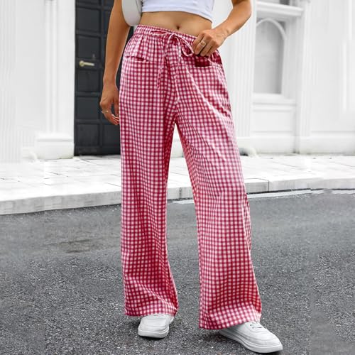 Pantalon fluide femme été à carreaux ample et léger chic