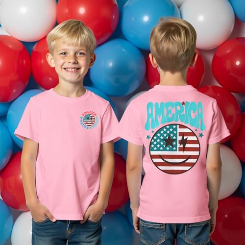 Image of MODNTOGA Boys Girls 4th of July Shirt USA Flag Graphic T-Shirt Big Kids America Print Short Sleeve Patriotic Holiday Tee Tops (Pink, 7-8 Years)