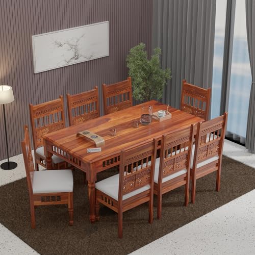 Image of Jangid Handicraft Dining Table 8 Seater | Solid Sheesham Wood 8 Seater Dinning Table Set with 8 Cushioned Chairs | Rectangular Dinner Table for Home, Kitchen & Living Room, Natural Finish