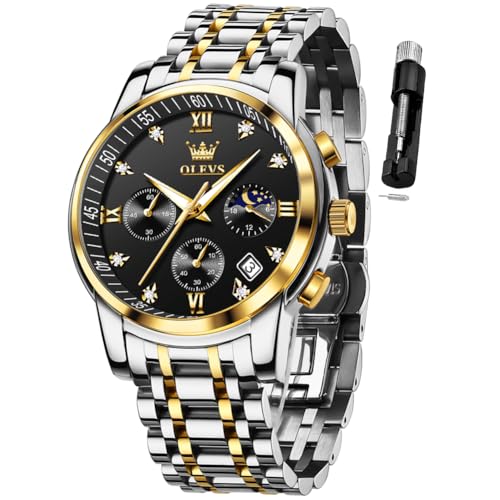 Image of OLEVS Watch for Men Diamond Business Dress Analog Quartz Stainless Steel Waterproof Luminous Date Two Tone Luxury Casual Wrist Watch Blue
