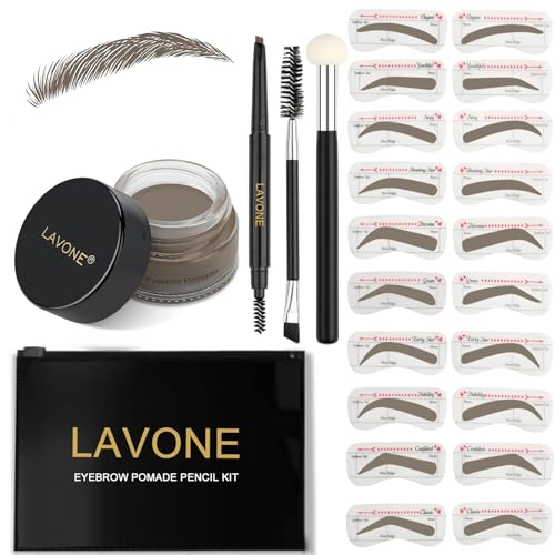 LAVONE Eyebrow Stamp Stencil Kit, Brow Stamp Trio Kit with Waterproof Eyebrow Pencil, Pomade, 20 Eyebrow Stencils, Dual-ended Eyebrow Brush and Sponge Applicator - Soft Brown