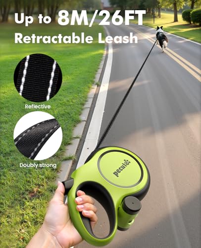 pecute Hundeleine 8m| Roll-Leine Reflektierende für Hund mit Kotbeutel-Set & Kotbeutelhalter, für Mittel & große Hunde (15-50kg)| 360°Anti-Verwicklung, Arbeitssparender Griff, Kotbeutel & Halter, Grün
