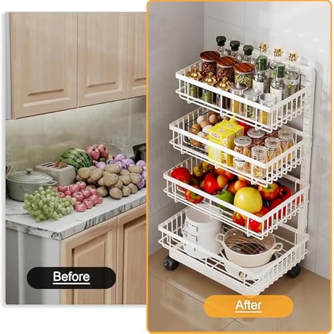4-Tier Kitchen Storage Cart, Metal Utility Rolling Cart with Wheels, Versatile Rolling Storage Snack Cart, Adjustable Fruit Vegetable Basket Rack for Pantry, Bathroom, Kitchen, Office (Milky White)-Z4LneTND