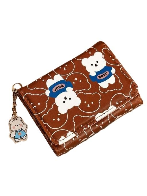 WOFIER Cute Bear Print Mini Wallet for Girls & Women PU Leather Trifold Purse with Keychain Charm Coin Pocket Card Holder Brown Free Size-image-15