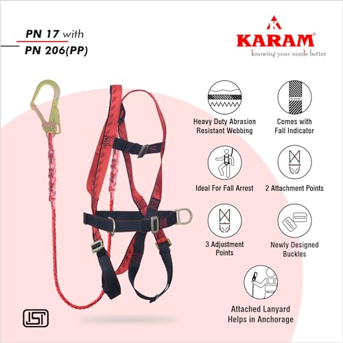 Image of KARAM Full Body Safety Harness (Class P) with Waist Belt for Fall Arrest & Work Positioning with Lanyard & Hook | Construction Harness & Fall Protection | PN17(PN206)(PP)(000 131)(2.0M)