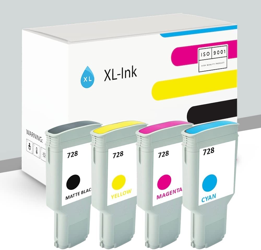 XL-InkCompatible InkJets for HP 728 Set 4-Pcs (300ml: Matte Black, Cyan, Magenta, Yellow) 4 x 300ml