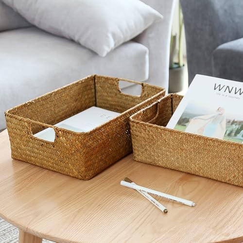 Rechteckiger Aufbewahrungskorb aus Seegras mit Griff Rattankorb korb Geflochten Wäschekorb gewebter Weidenkorb, Handtuchkorb handgefertigter Aufbewahrungskorb Regale und Schreibtische 33X23X11CM