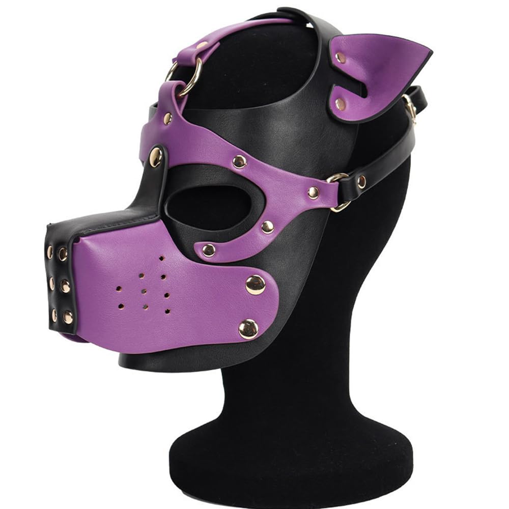 Dermica Adults PU Leather Puppy Hood Mask, Removable Cosplay Dog Full Face Pup Hood Mask,Head Circumference 21-25"