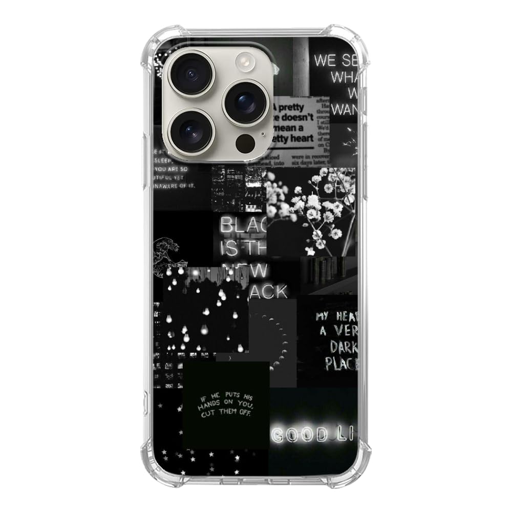 Mofreore Retro Aesthetic Black Case Compatible with iPhone 16 Pro, Trendy Black Collage Case for iPhone 16 Pro, Unique Design TPU Bumper Protective