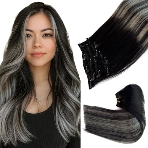Image of Clip in Hair Extensions Real Human Hair 16 Inch Ombre Black Balayage Silver Highllights Hair Extension Real Human Hair Clip ins 7 pcs Double Weft s Remy Human Hair Clip in Extensions