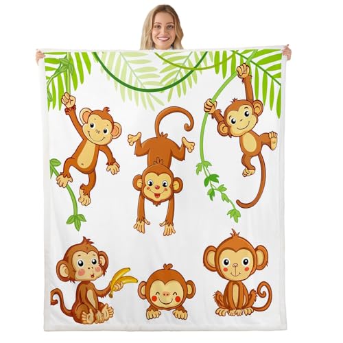 Feelyou Kids Cute Monkeys Fleece Throw Blanket Cartoon Monkey Banana Decor Sherpa Blanket for Boys Girls Wild Animal Pattern Plush Fuzzy 30x40 Inch