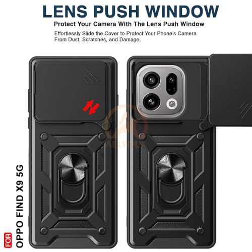 Image of Armor Bumper Back Cover Case for Oppo Find X9 5G Rotating Camera Cover, Ring Holder & Kickstand | Heavy Duty & 360 Degree Protection Oppo Find X9 5G Back Cover (Black)