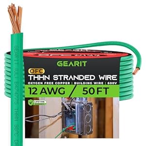 GearIT Stranded THHN Wire (12 Gauge, 50 Feet) 100% OFC Electrical Building Wire, Rated for Up to 600 Volts, Single Conductor, Nylon Jacket, UL Listed/RoHs Compliant - Green, 50ft