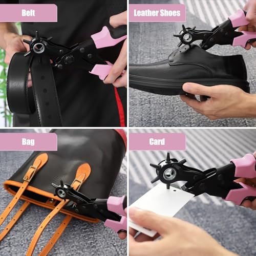 Image of Leather Hole Punch Set, Diyife Revolving Punch Plier Kit, Multi Sized for Belt, Watch Band, Shoes, Crafting, Saddles, Handbag Straps, Fabric or DIY, Pink