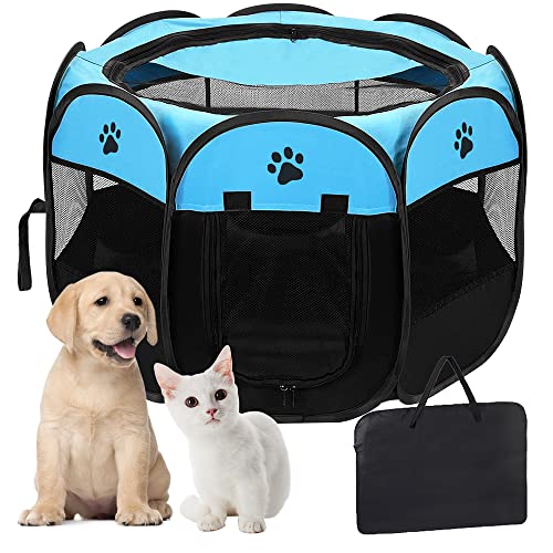 GOOZII Portable Dog Playpen Indoor Outdoor, Collapsible Pet Dog Playpen with Zipper Top Cover, Cat Puppy Bunny Kitten…