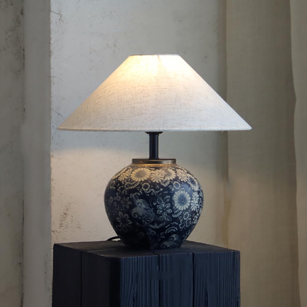 SANBDDLYY Vintage Floral Table Lamp - Rustic Blue Ceramic Mid Century for Living Room, Bedroom, and Office(40cm High)