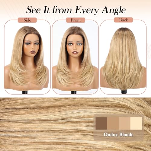 Image of EMMOR Human Hair Wig for Women 13x5x1 Inch HD Lace Front Wig 18 Inch Layered Glueless Wigs Pre-Plucked Hairline Human Hair Blend Premium Synthetic Fiber for Everyday Wear(Ombre Blonde)