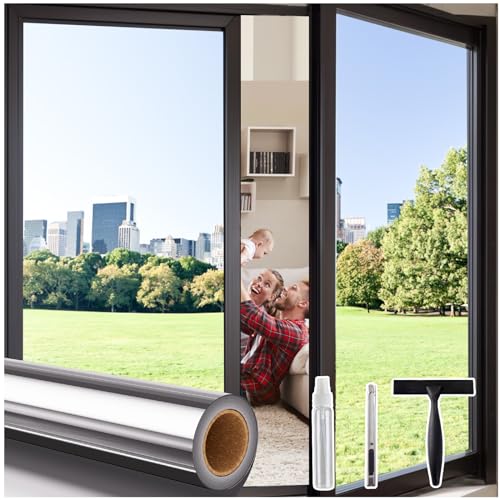 Image of Coavas One Way Privacy Window Film with 3 Tools, Reflective Window Tint for Home, Daytime Privacy See Out Not In, Heat Control & UV Blocking Adhesive Covering for Bedroom Office,35.4 x157.5Inch,Silver