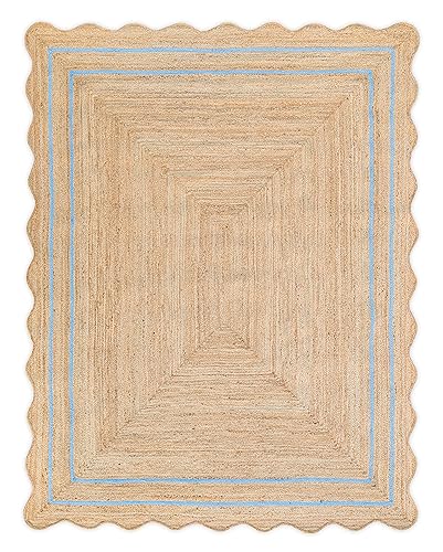 Weaving Village Wave Scalloped Natural Jute Runner Sky Blue (3x5)