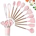 DOPGL Set di 11 Utensili da Cucina in Silicone, Resistenti al Calore, con Manici in Legno, Senza BPA, in Silicone atossico, spatola, Cucchiaio, Utensili da Cucina per antiaderenti Rosa